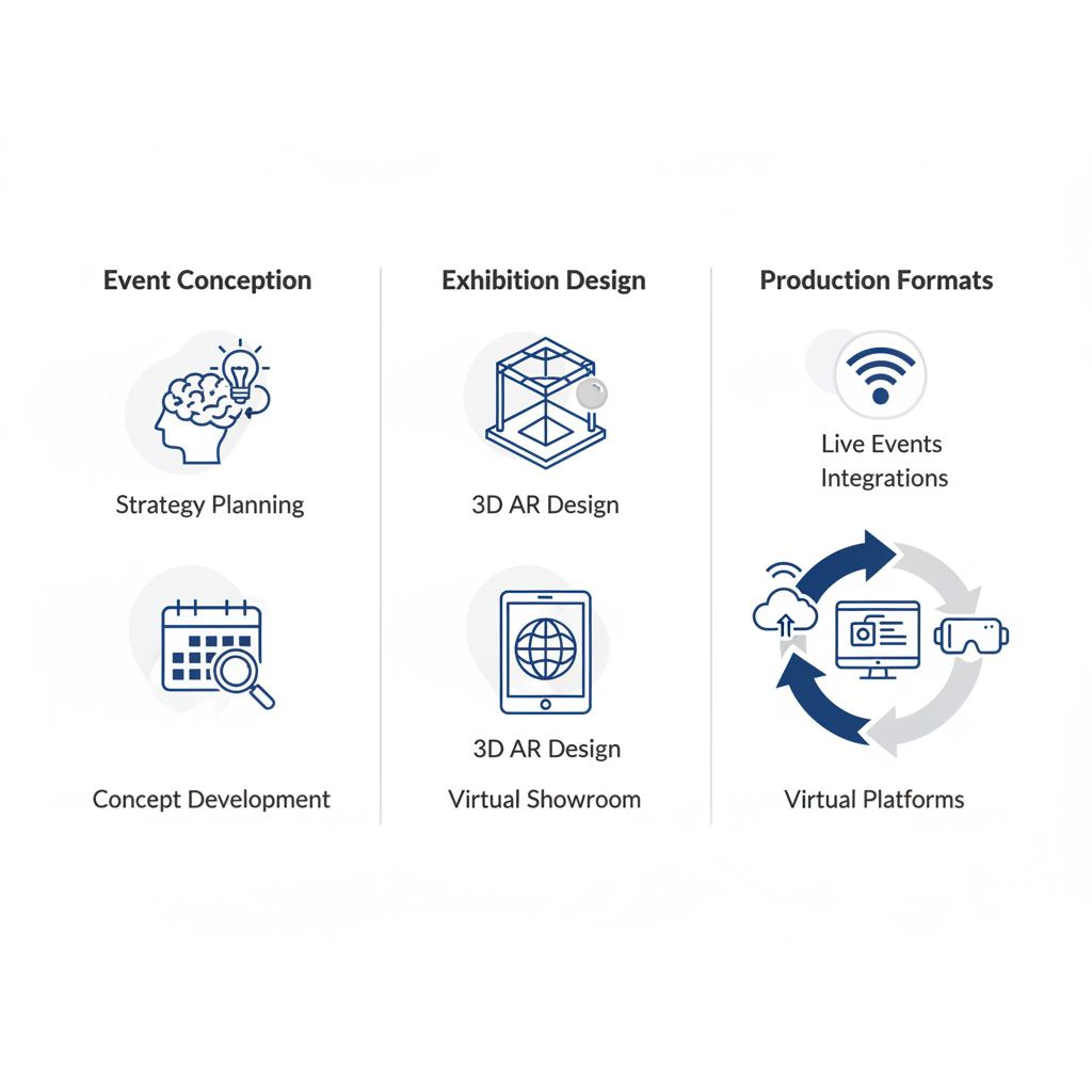 Infographic illustrating core services of live communication agencies including event conception, exhibition design, and production formats.
