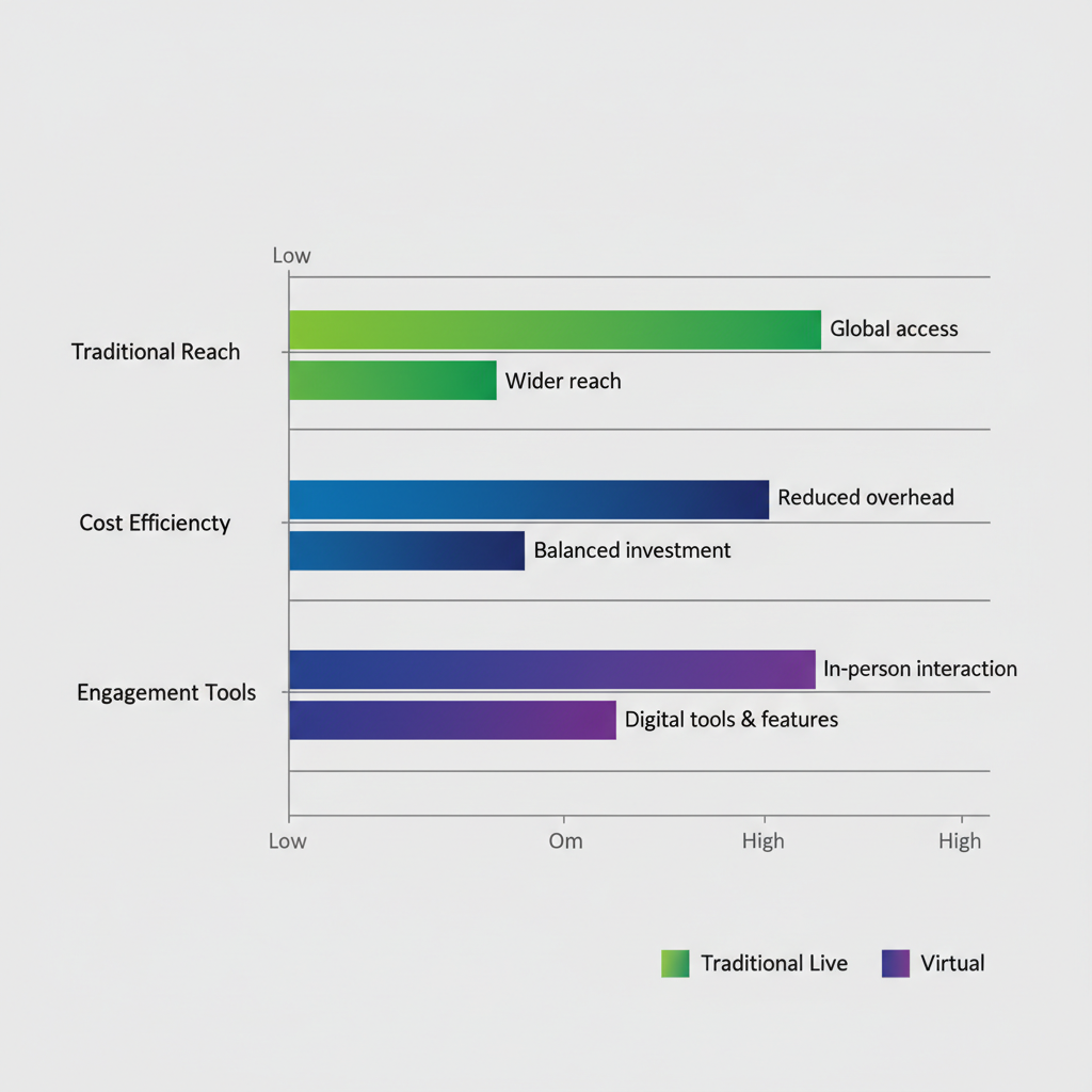 Horizontal bar chart comparing Traditional Live, Hybrid, and Virtual event formats across audience reach, cost efficiency, and engagement tools.