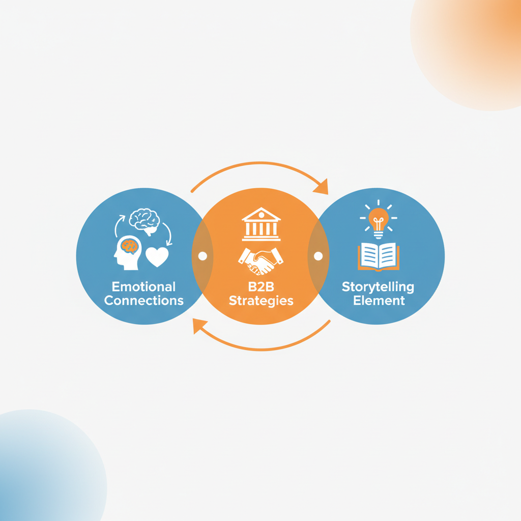 Infographic depicting three interconnected circles on emotional brand communication fundamentals: defining connections with brain and heart icons, B2B event strategies with conference and handshake symbols, storytelling with book and lightbulb.