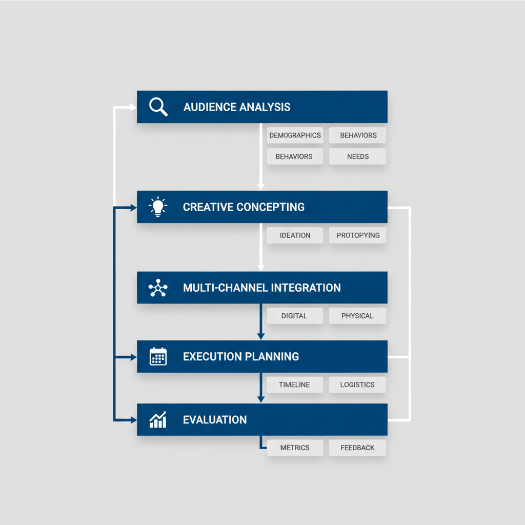 Process flow diagram showing five stages of experiential communication strategy: audience analysis, creative concepting, multi-channel integration, execution planning, and evaluation with icons and arrows connecting them vertically.