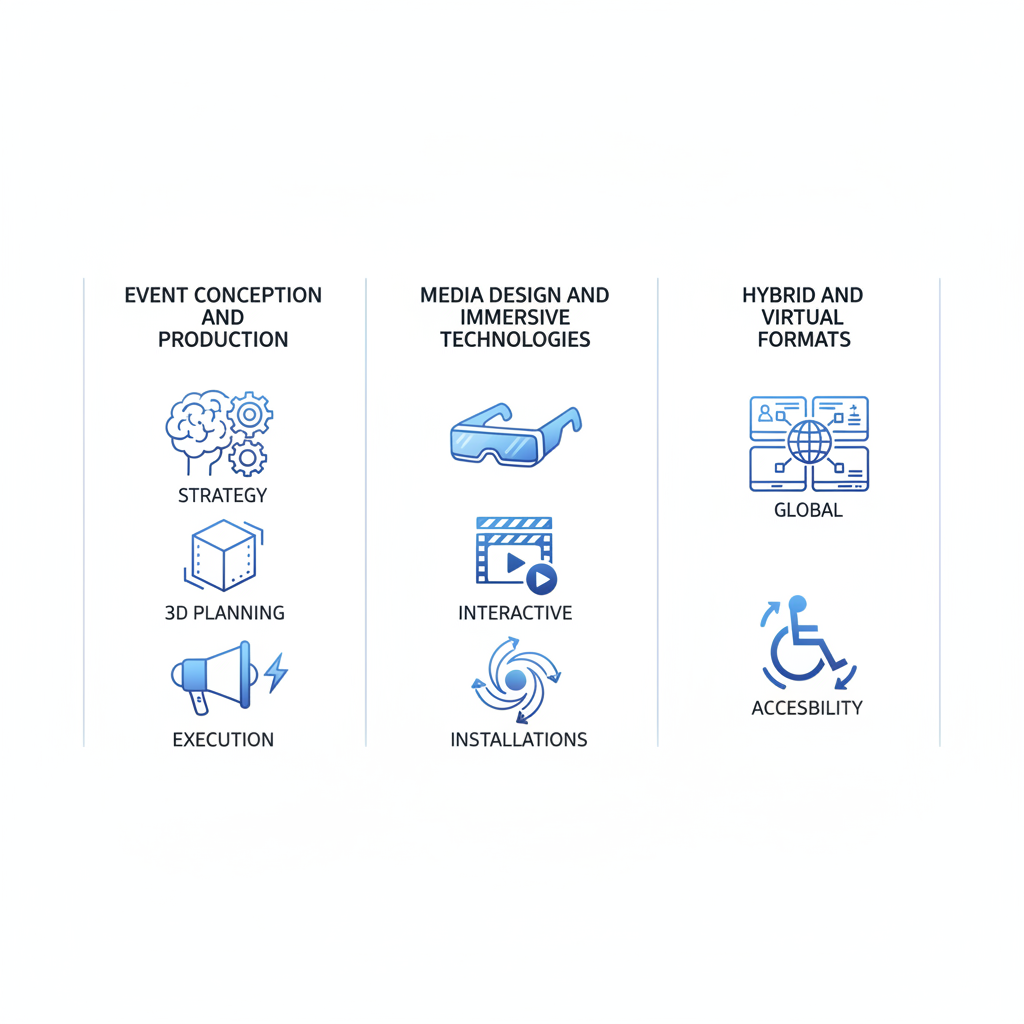 Infographic illustrating core services of brand experience agencies in three structured columns with icons and minimal labels