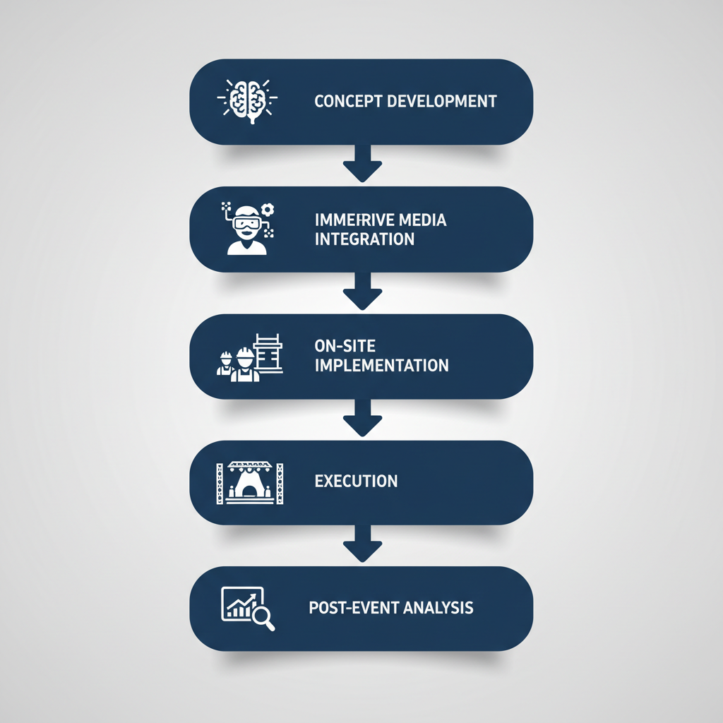 Vertical process flow diagram illustrating the operational workflow of brand experience agencies with five key stages including icons for each phase.