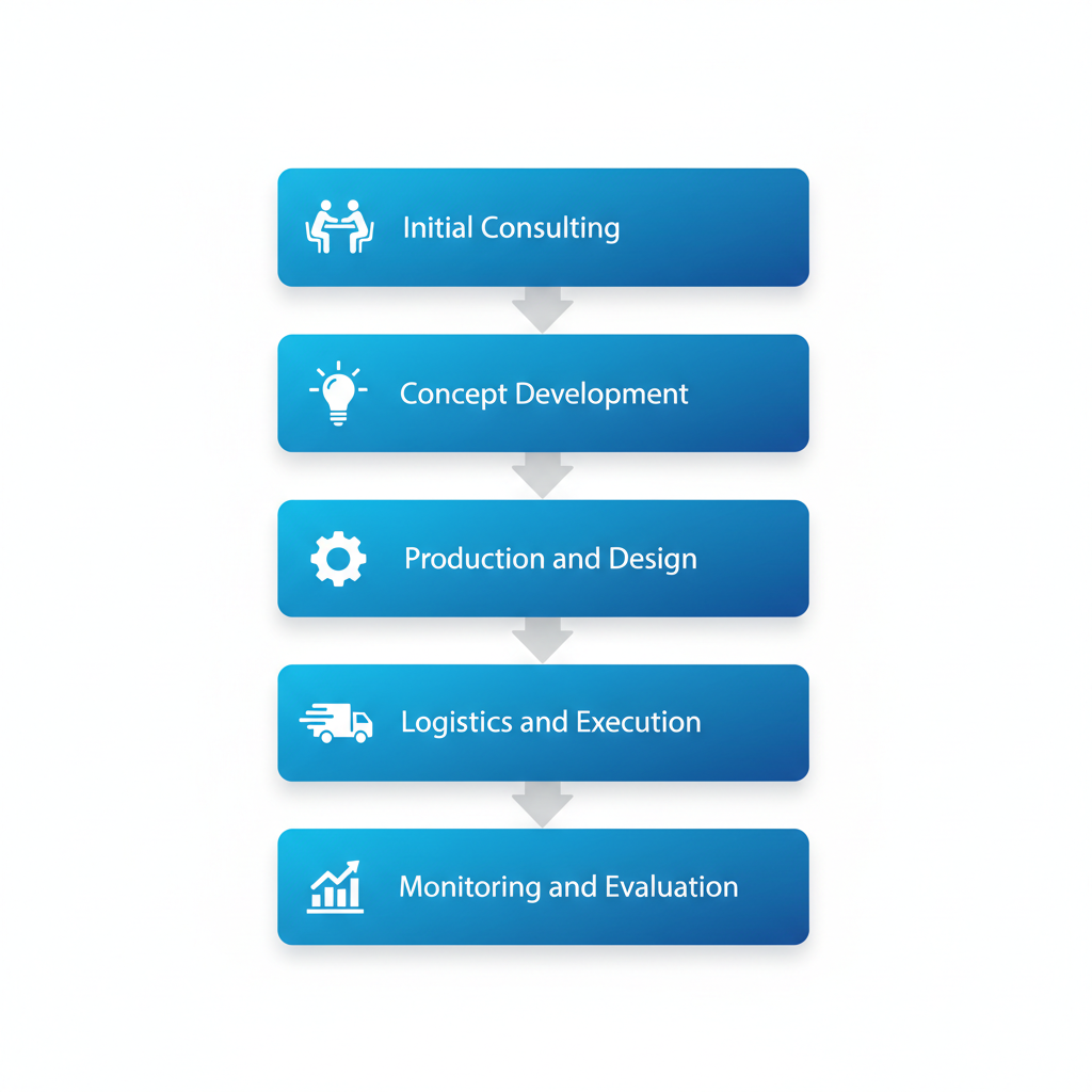 Vertical process flow diagram illustrating the five stages of an experience marketing agency's operational workflow.