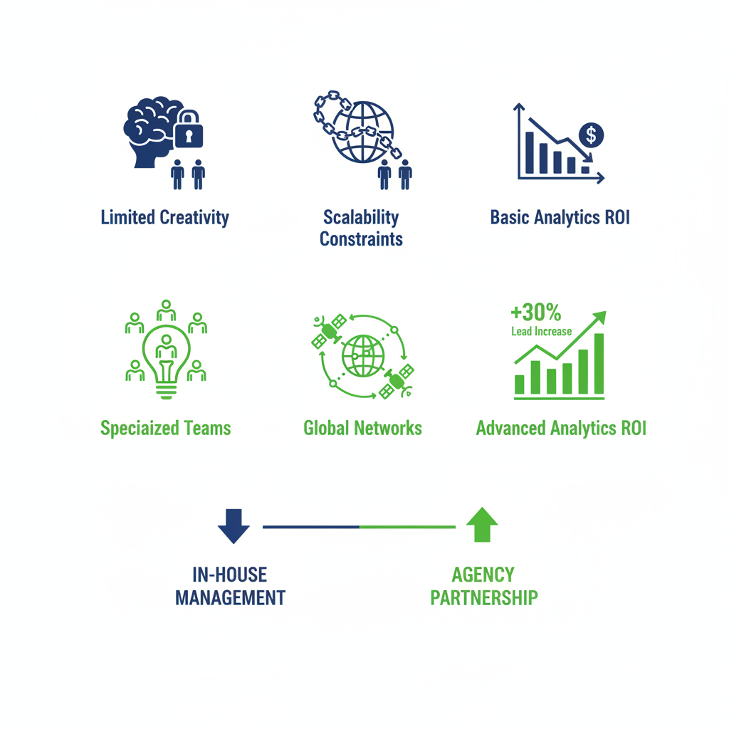 Infographic comparing in-house versus agency partnerships for experience marketing, focusing on creativity, scalability, and ROI with icons and data points.
