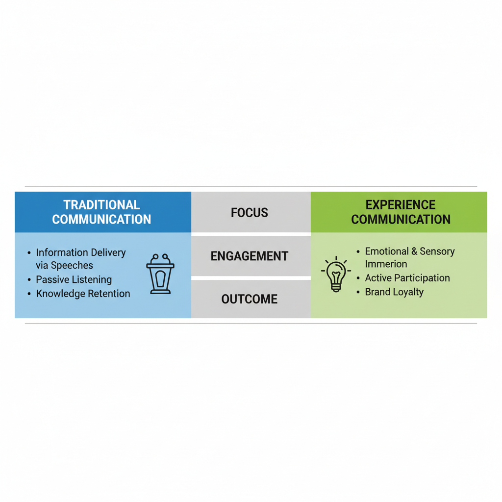 Infographic illustrating differences between traditional and experience communication in corporate events with three columns comparing aspects like focus, engagement, and outcome.