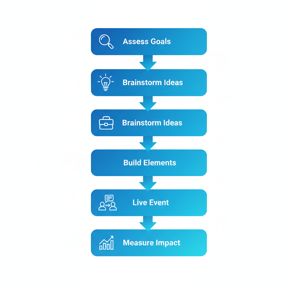 Vertical process flow diagram illustrating five stages of implementing experience communication in corporate events: analysis, concepting, production, execution, and evaluation with icons.