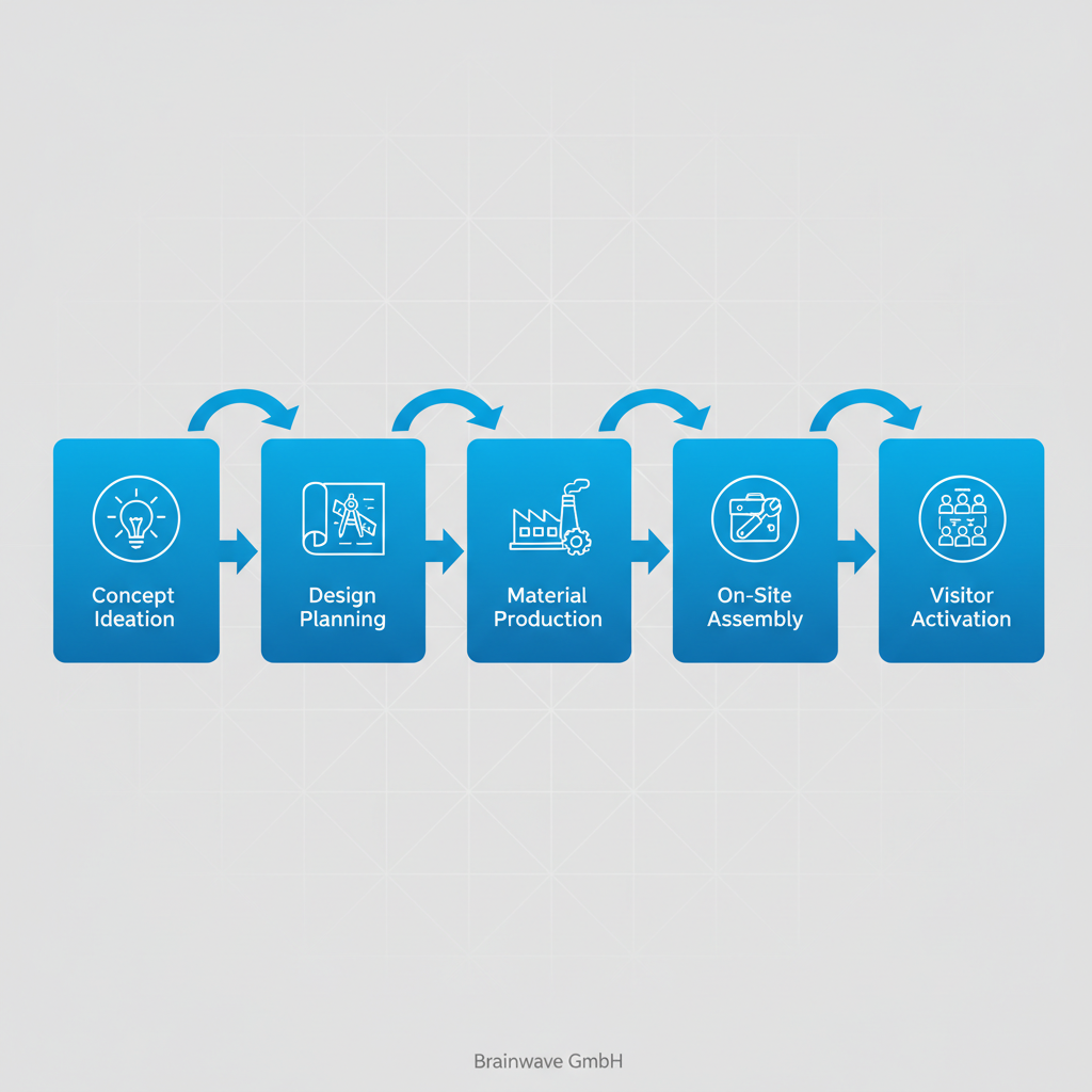 Horizontal process flow diagram showing five stages of creating experiential trade fair booths: concept ideation, design planning, material production, on-site assembly, and visitor activation.