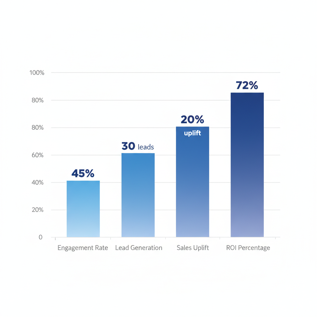 Bar chart illustrating key ROI metrics for events including engagement, leads, sales uplift, and percentage returns.