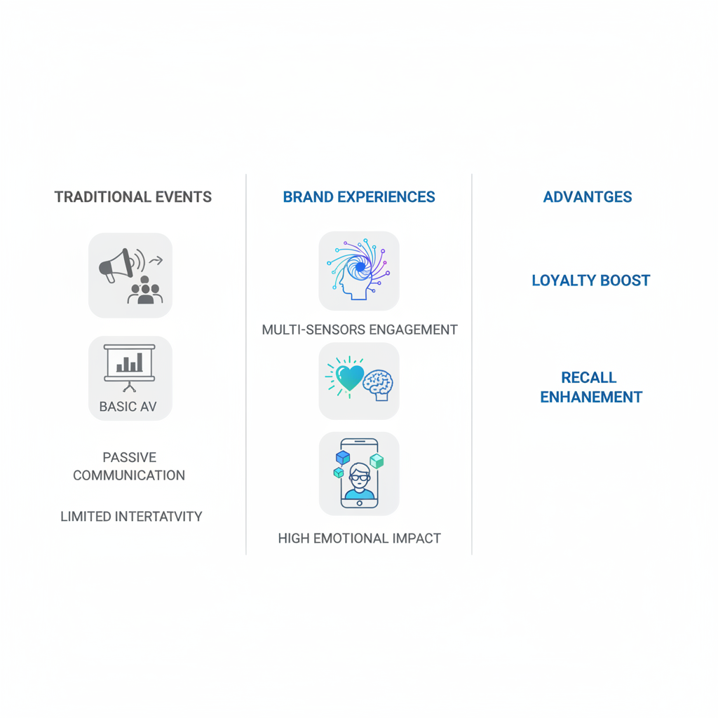 Infographic comparing elements of brand experiences and traditional events, emphasizing emotional impact and advantages in loyalty.