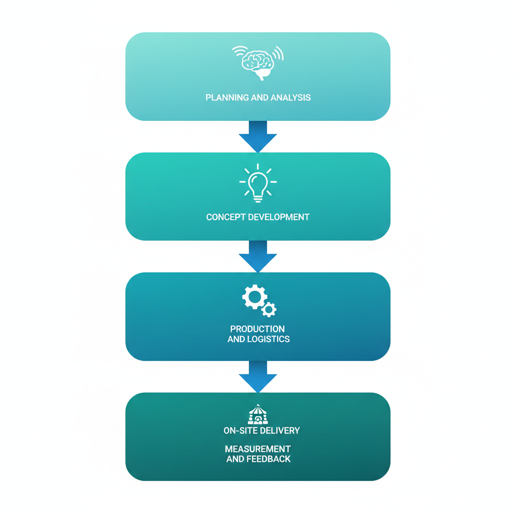 Vertical process flow diagram illustrating five stages of implementing brand experiences in corporate events with icons and arrows.