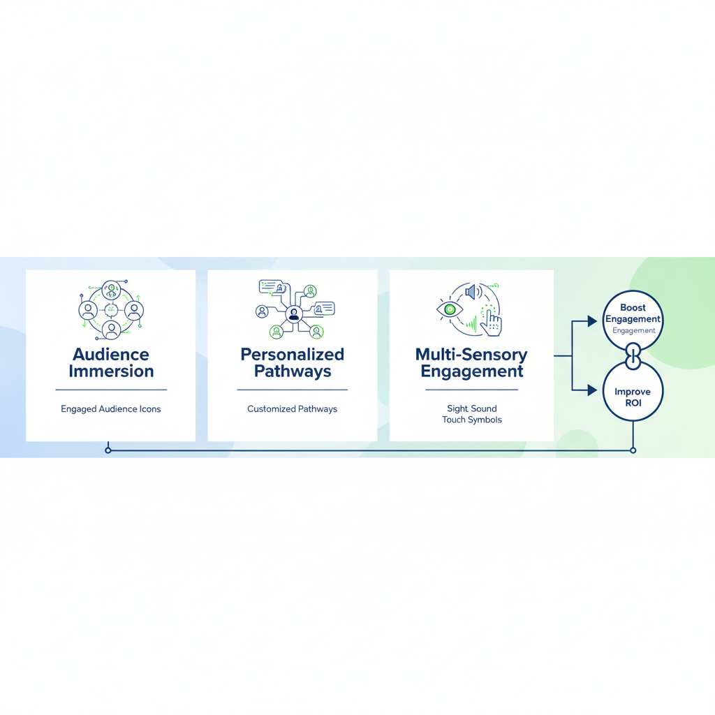 Infographic depicting three core principles of corporate experience design: immersion, personalization, and multi-sensory engagement, linked to business outcomes like engagement and ROI.