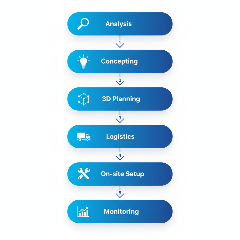 Vertical process flow diagram illustrating six stages of corporate experience design from analysis to monitoring with icons and arrows