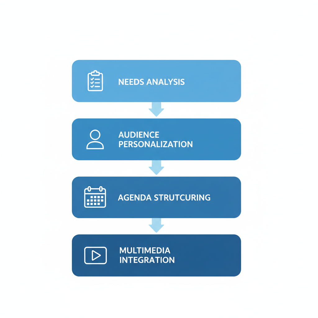 Process flow diagram illustrating the four key steps in crafting strategic conference designs: needs analysis, audience personalization, agenda structuring, and multimedia integration.