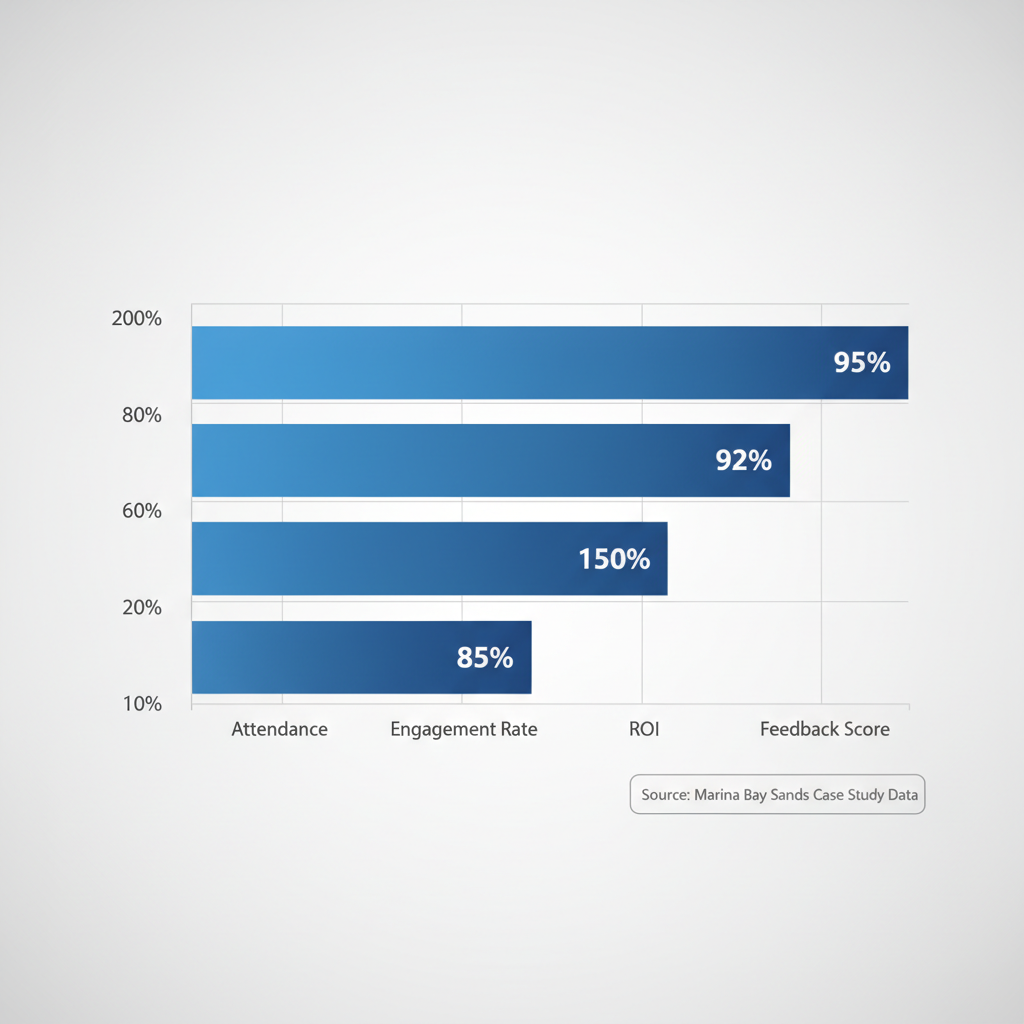 Bar chart of corporate event KPIs: attendance 85%, engagement rate 92%, ROI 150%, feedback score 95%.