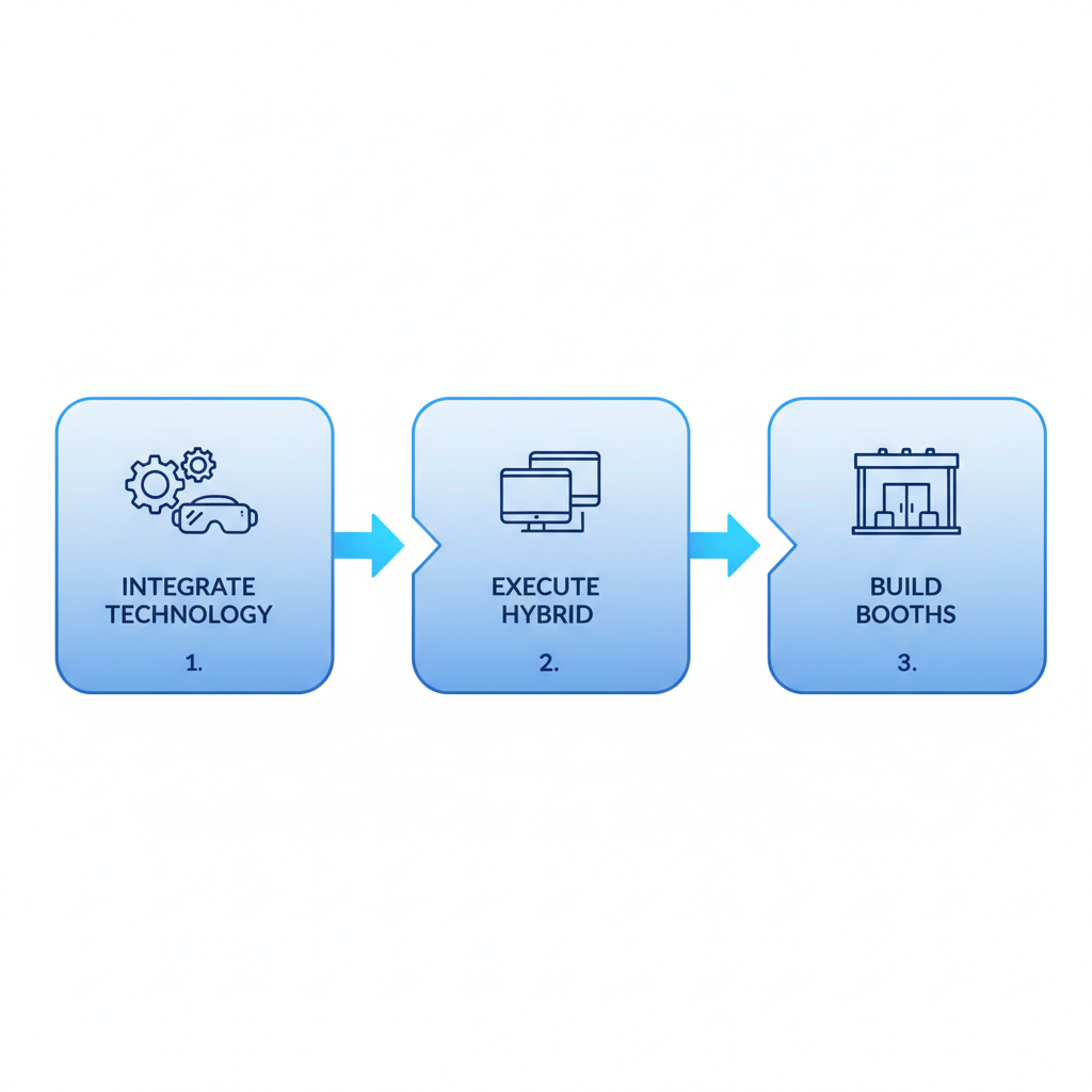 Horizontal process flow diagram illustrating three stages of interactive event concepts: technology integration, hybrid execution, and booth building with icons and arrows.