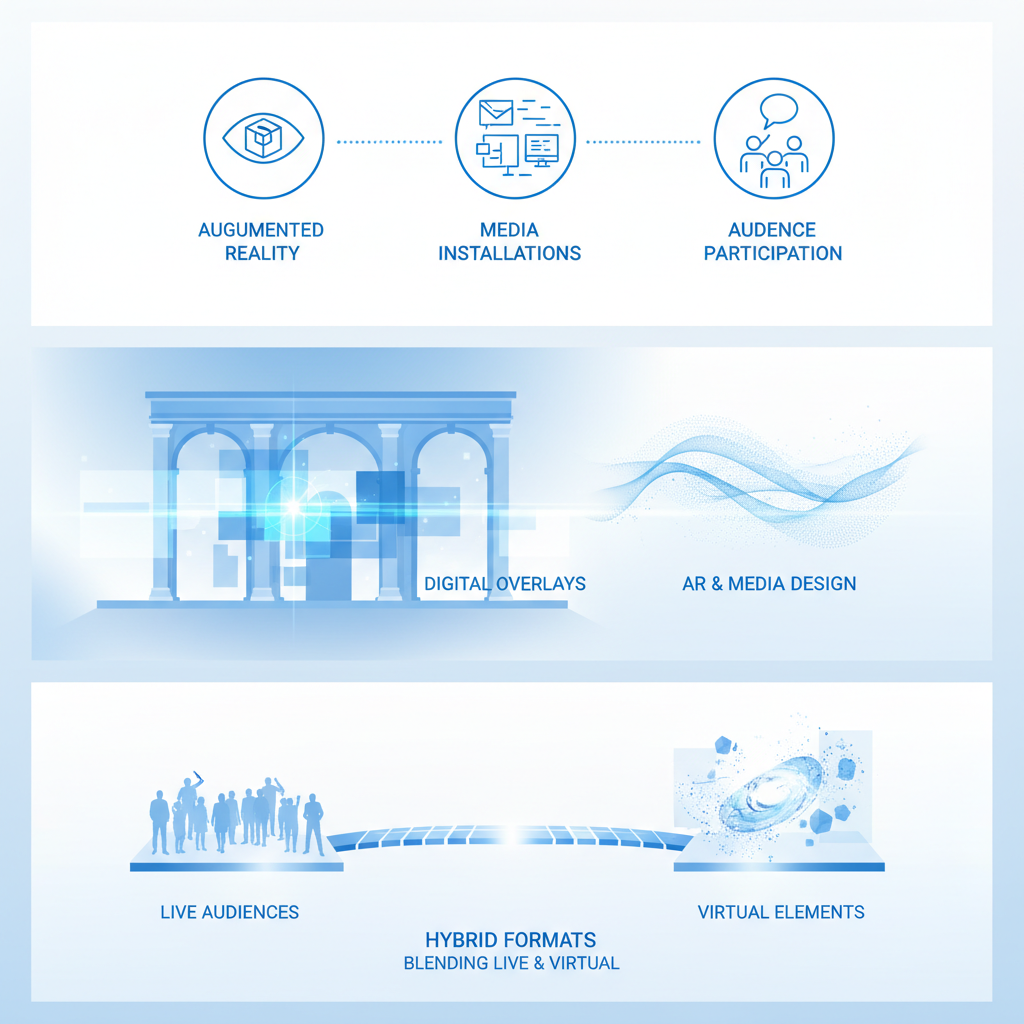 Infographic illustrating three key aspects of interactive event concepts: defining elements with AR and participation icons, role of media design in digital overlays, and hybrid live-virtual blending.