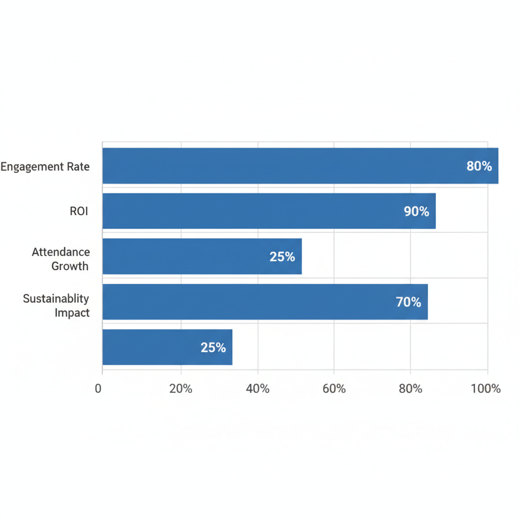 Horizontal bar chart showing KPIs for event strategies: engagement rate 80%, ROI 90%, attendance growth 25%, sustainability impact 70%.