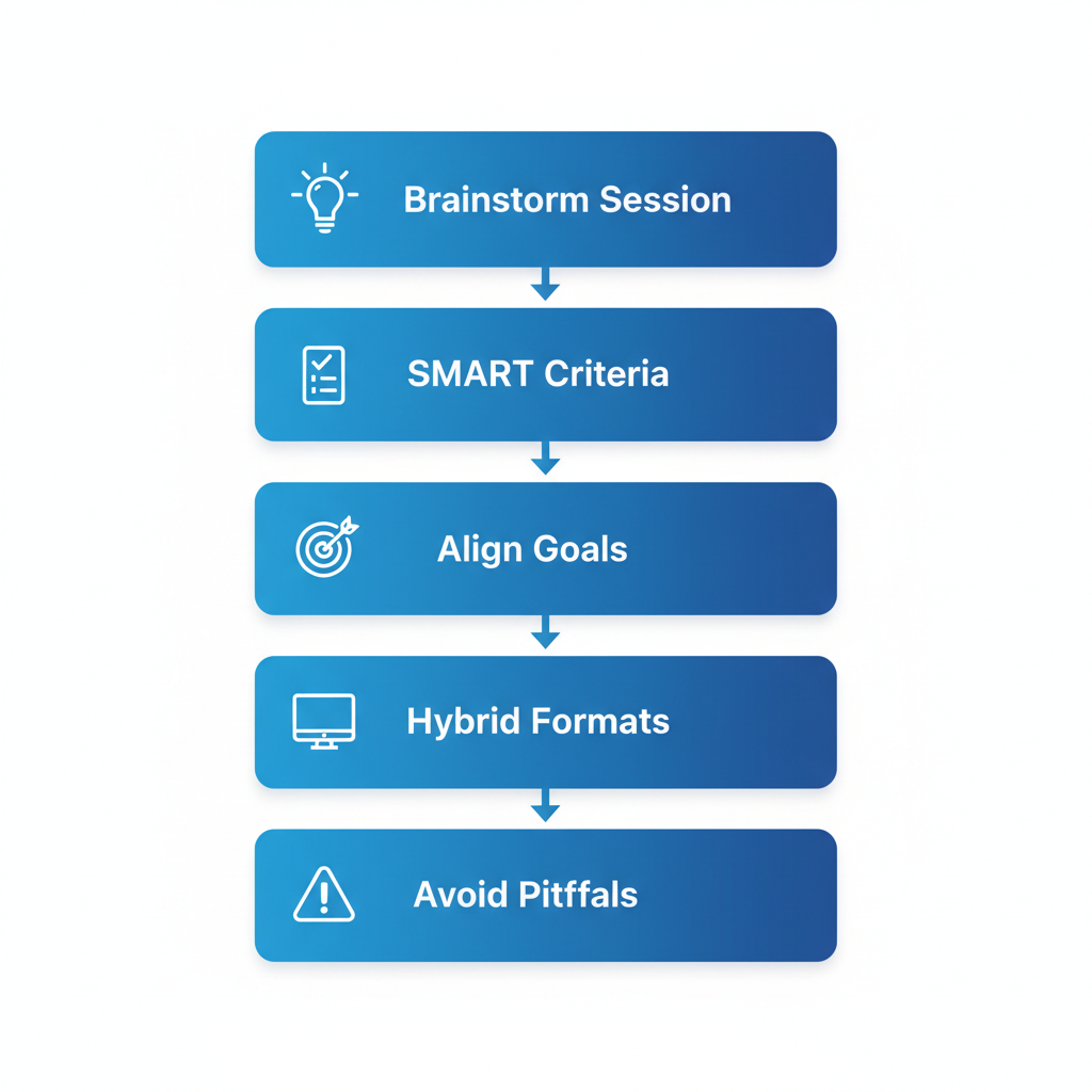 Vertical process flow diagram showing five steps to define clear objectives in event communication strategy with icons and arrows.