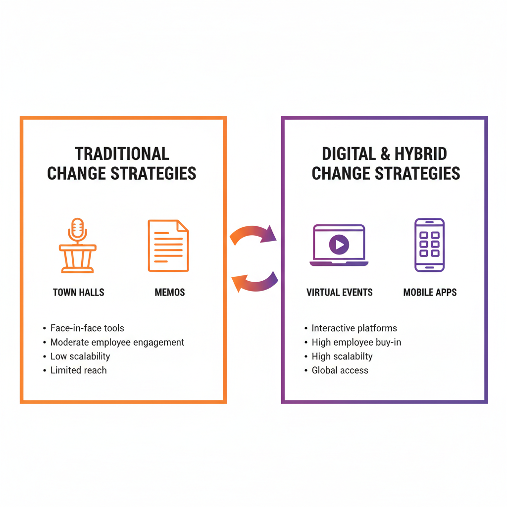 Side-by-side infographic comparing traditional and digital change management strategies with icons and bullet points.