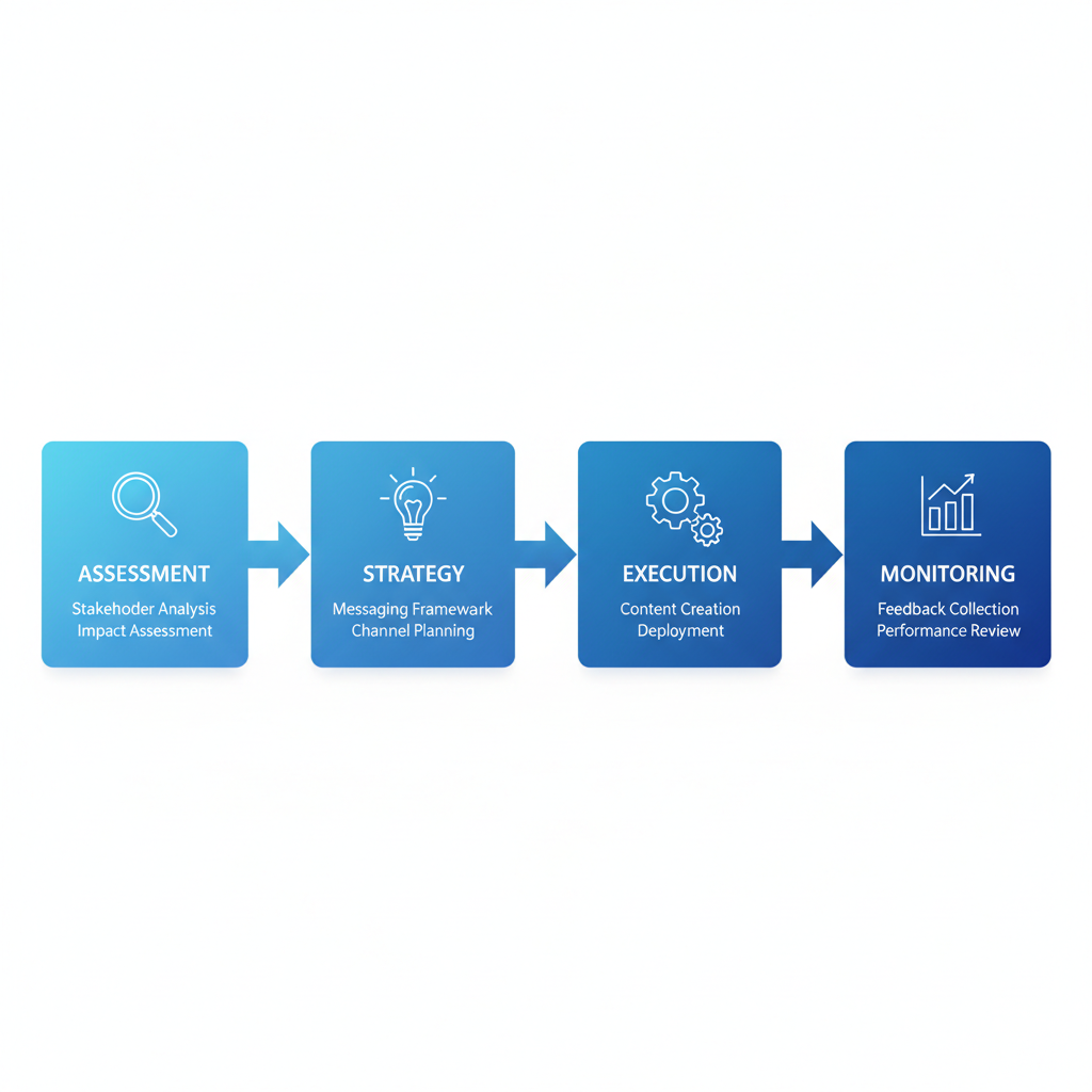 Horizontal process flow diagram showing key steps in developing a change management communication plan with icons and brief labels.