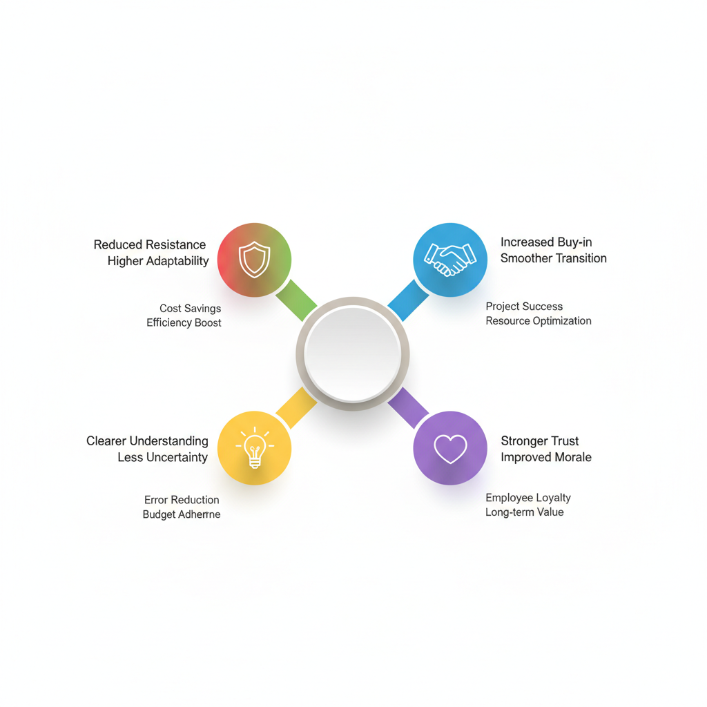 Infographic depicting key benefits of effective communication strategies in change management, featuring icons for reducing resistance, building buy-in, enhancing transparency, and fostering trust.