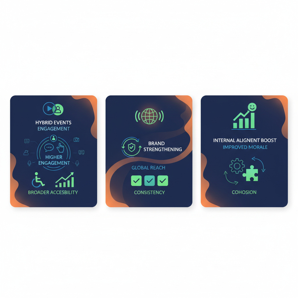 Infographic showing three benefits of strategic corporate communication: hybrid event engagement, brand reach, and internal alignment.