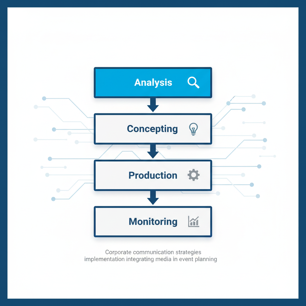 Vertical process flow illustrating four key phases of implementing corporate communication strategies with icons.
