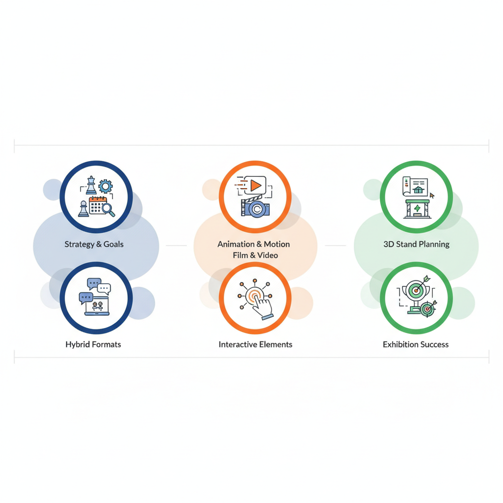 Infographic showing fundamentals of communication consulting with three panels on event services, media design, and exhibition strategies