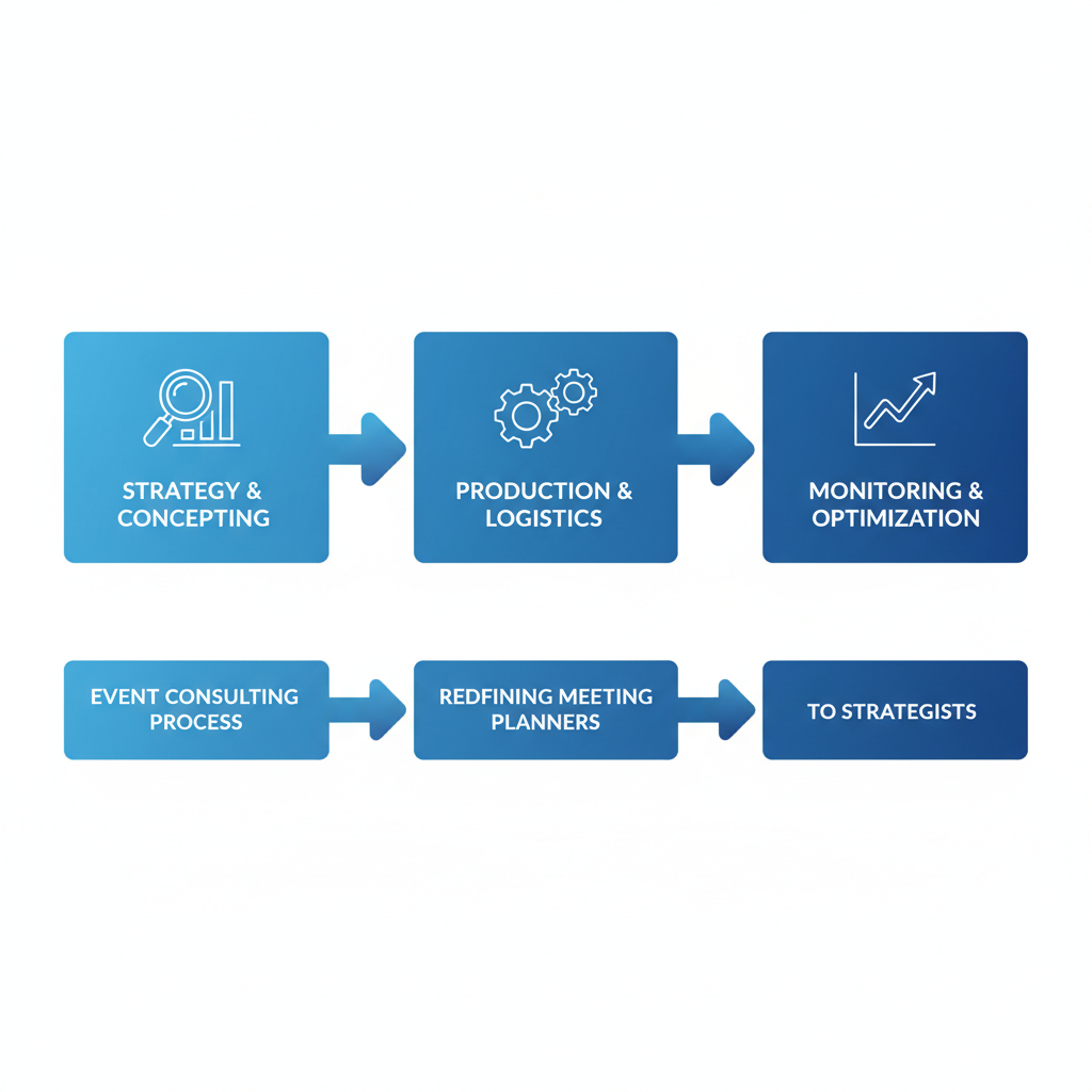 Horizontal process flow diagram depicting three stages of communication consulting with icons and arrows.