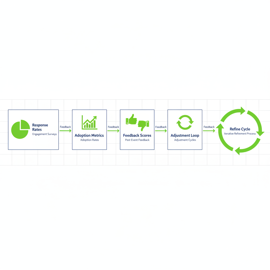 Horizontal infographic illustrating key performance indicators for measuring success in organizational change communication, featuring engagement surveys, adoption rates, post-event feedback, adjustment cycles, and an iterative refinement loop.