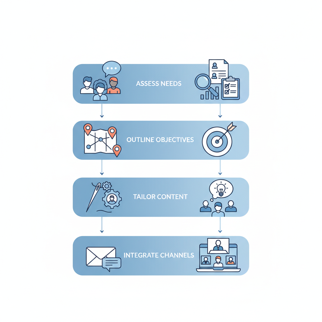 Vertical process flow diagram illustrating four key steps in developing a communication plan for organizational change: assessing needs, outlining objectives, tailoring content, and integrating channels.