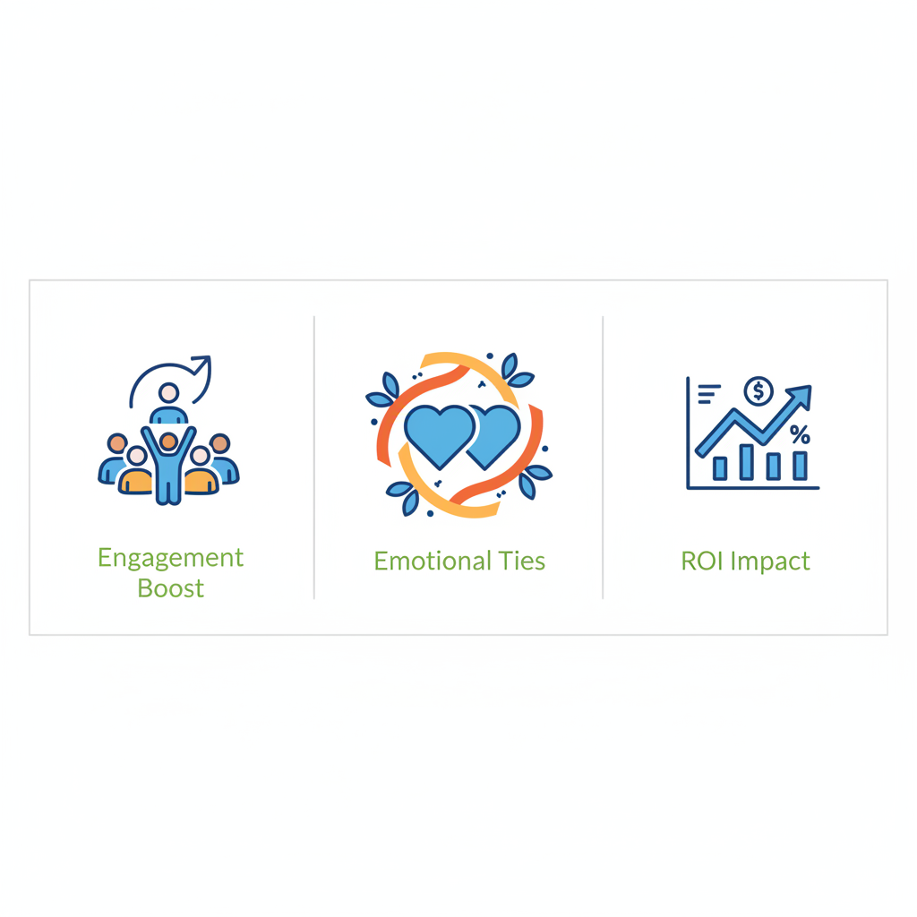 Infographic illustrating three key benefits of business storytelling with icons for engagement, connections, and outcomes.