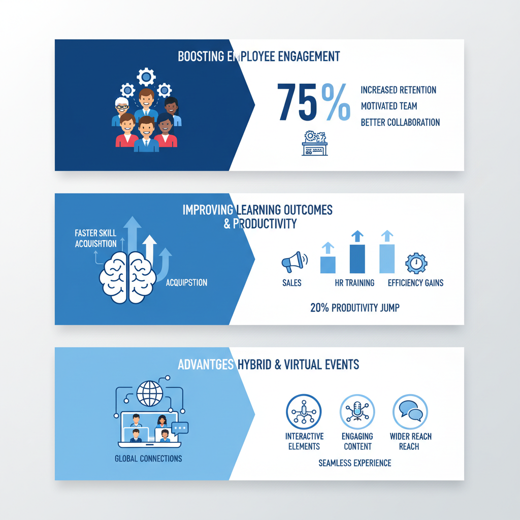 Infographic divided into three panels highlighting edutainment benefits in business engagement learning and virtual events