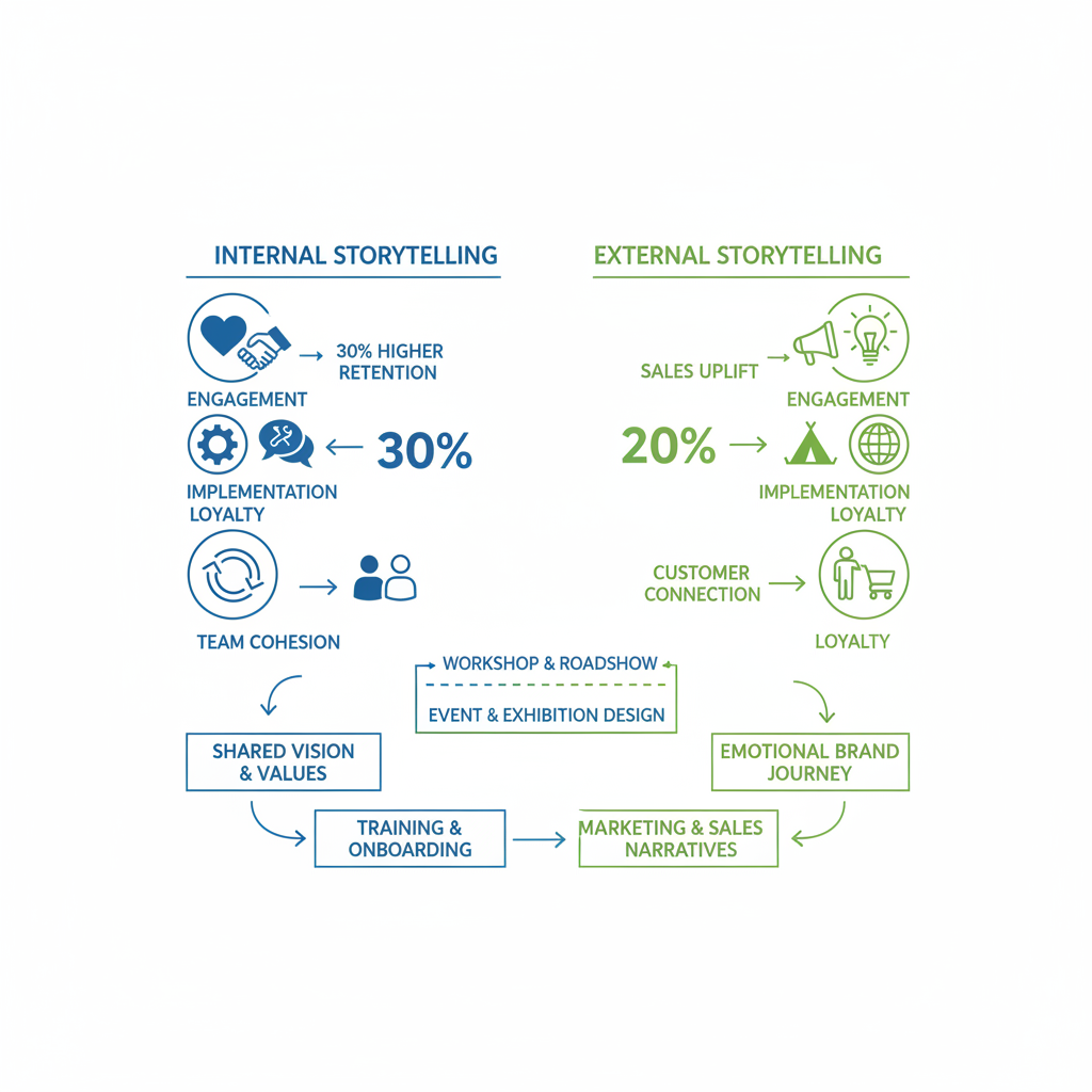Infographic showing internal and external storytelling applications with metrics and icons for engagement, implementation, and loyalty in events.