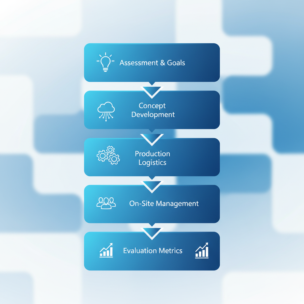 Vertical process flow diagram showing five stages of implementing EnterTrainment formats with icons and brief labels.