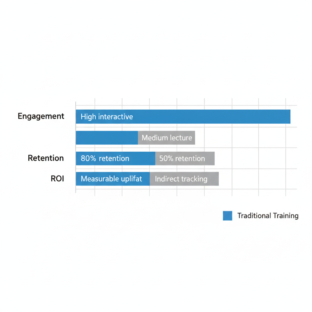 Horizontal bar chart comparing EnterTrainment and traditional training benefits in engagement, retention, and ROI categories