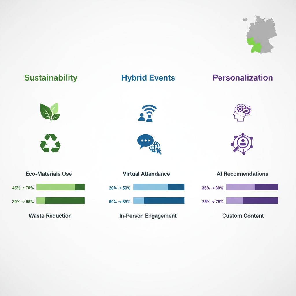 Infographic showing 2026 trade show trends in sustainability, hybrid events, and personalization with growth comparisons and European map focus on Germany