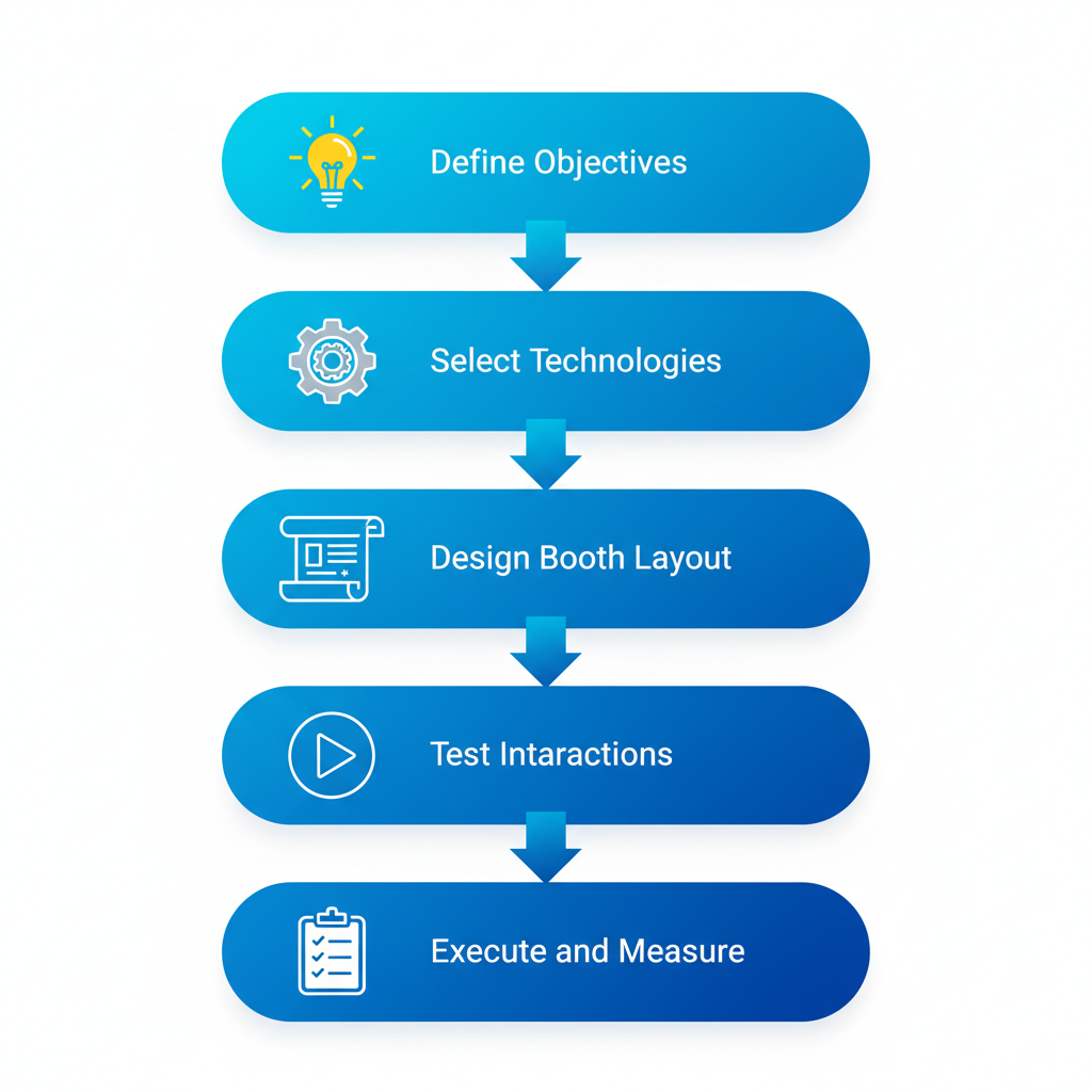 Vertical process flow diagram illustrating five steps in planning immersive trade show experiences: Define Objectives, Select Technologies, Design Booth Layout, Test Interactions, and Execute and Measure, with relevant icons and connecting arrows.