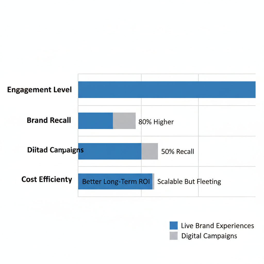 Horizontal bar chart comparing engagement, recall, and efficiency of live brand experiences versus digital campaigns