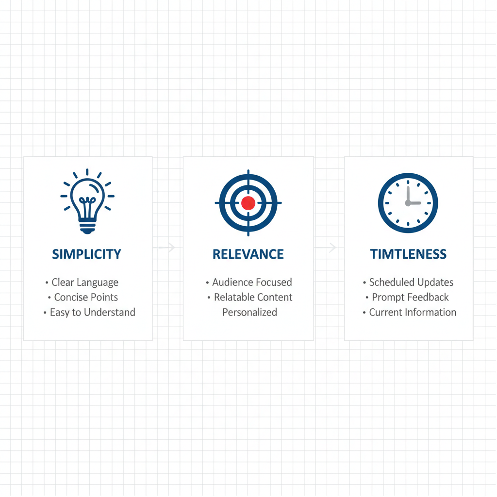 Infographic showing three principles of clear messaging for boosting employee engagement with icons for simplicity, relevance, and timeliness.