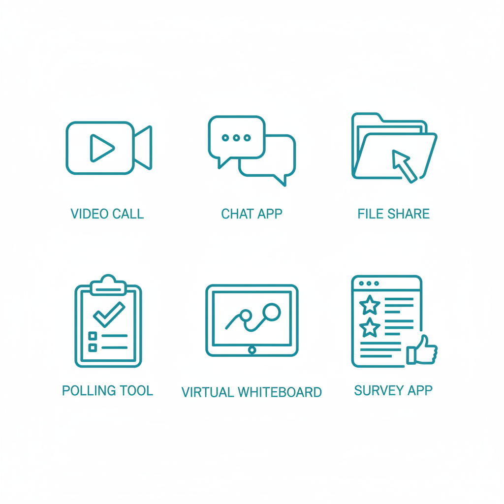 Grid of six icons representing digital tools for remote team communication: video call, chat, file share, polling, whiteboard, and survey.