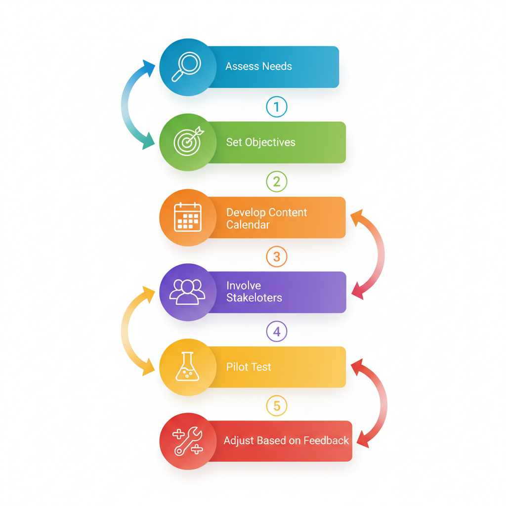 Vertical process flow diagram showing six steps to craft an effective employee communication strategy with icons and colors.