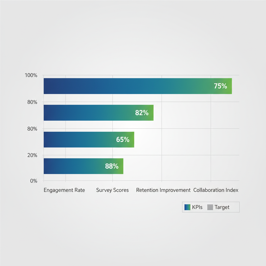 Horizontal bar chart showing KPIs like engagement rate at 75%, survey scores at 82%, retention improvement at 65%, and collaboration index at 88% for communication strategy effectiveness.
