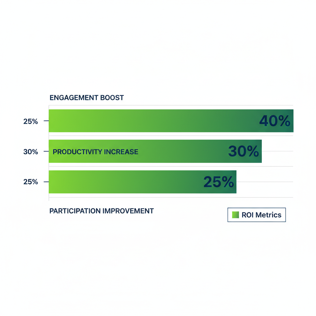 Horizontal bar chart of ROI metrics for corporate event communications showing engagement boost 25%, productivity increase 30%, and participation improvement 40%.