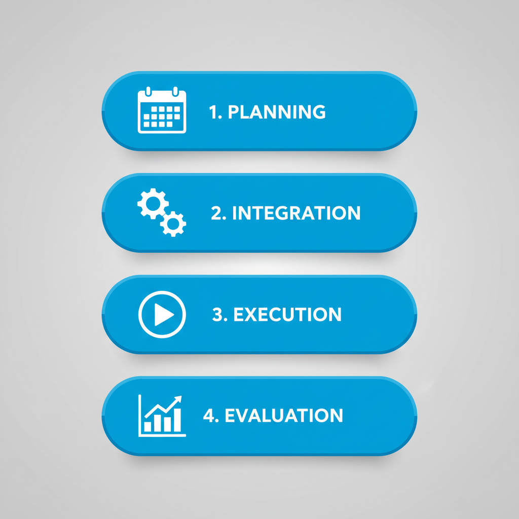 Vertical process flow diagram illustrating four stages of implementing internal communication strategies in events: Planning, Integration, Execution, and Evaluation with relevant icons.