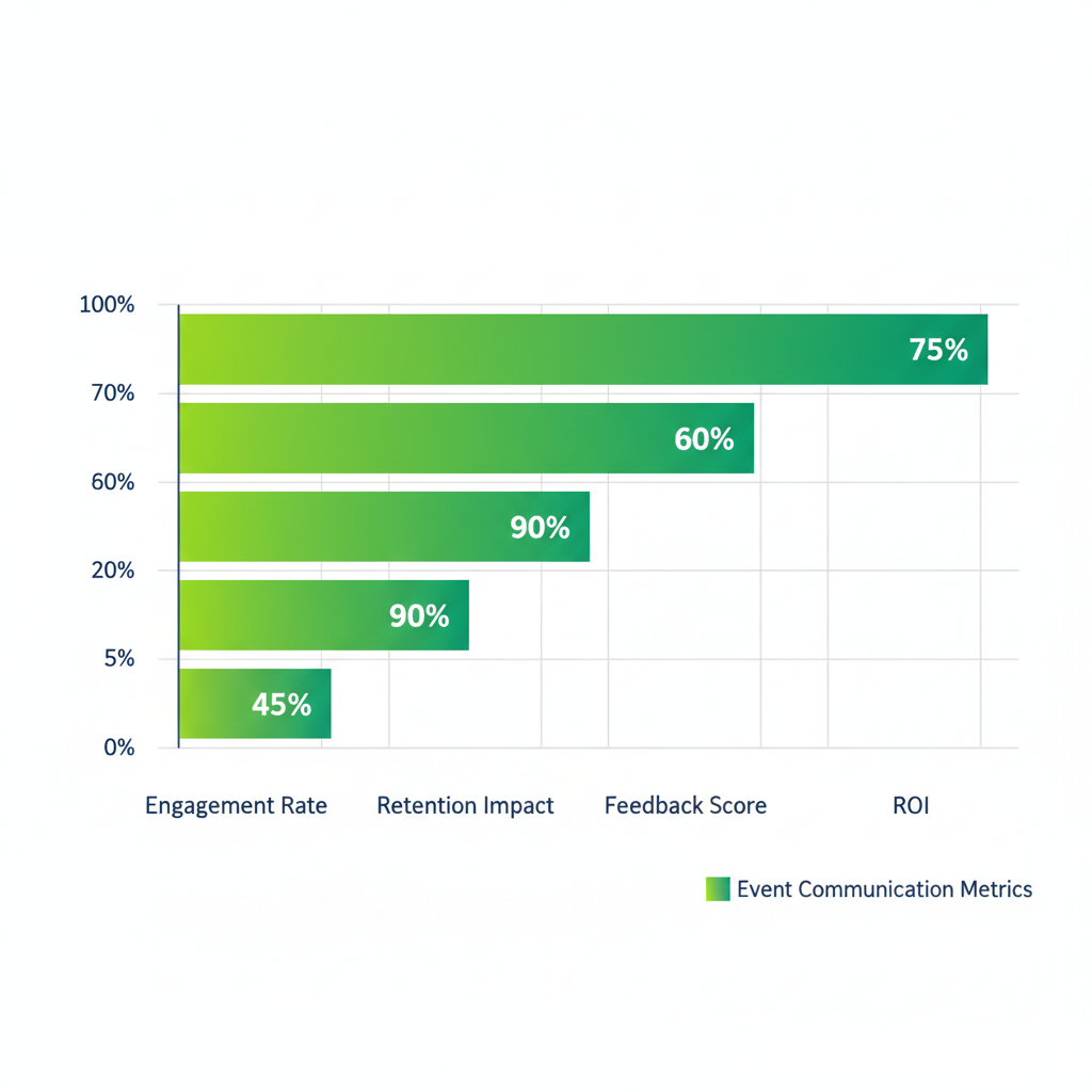 Horizontal bar chart of event success metrics including engagement, retention, feedback, and ROI with green bars and blue accents