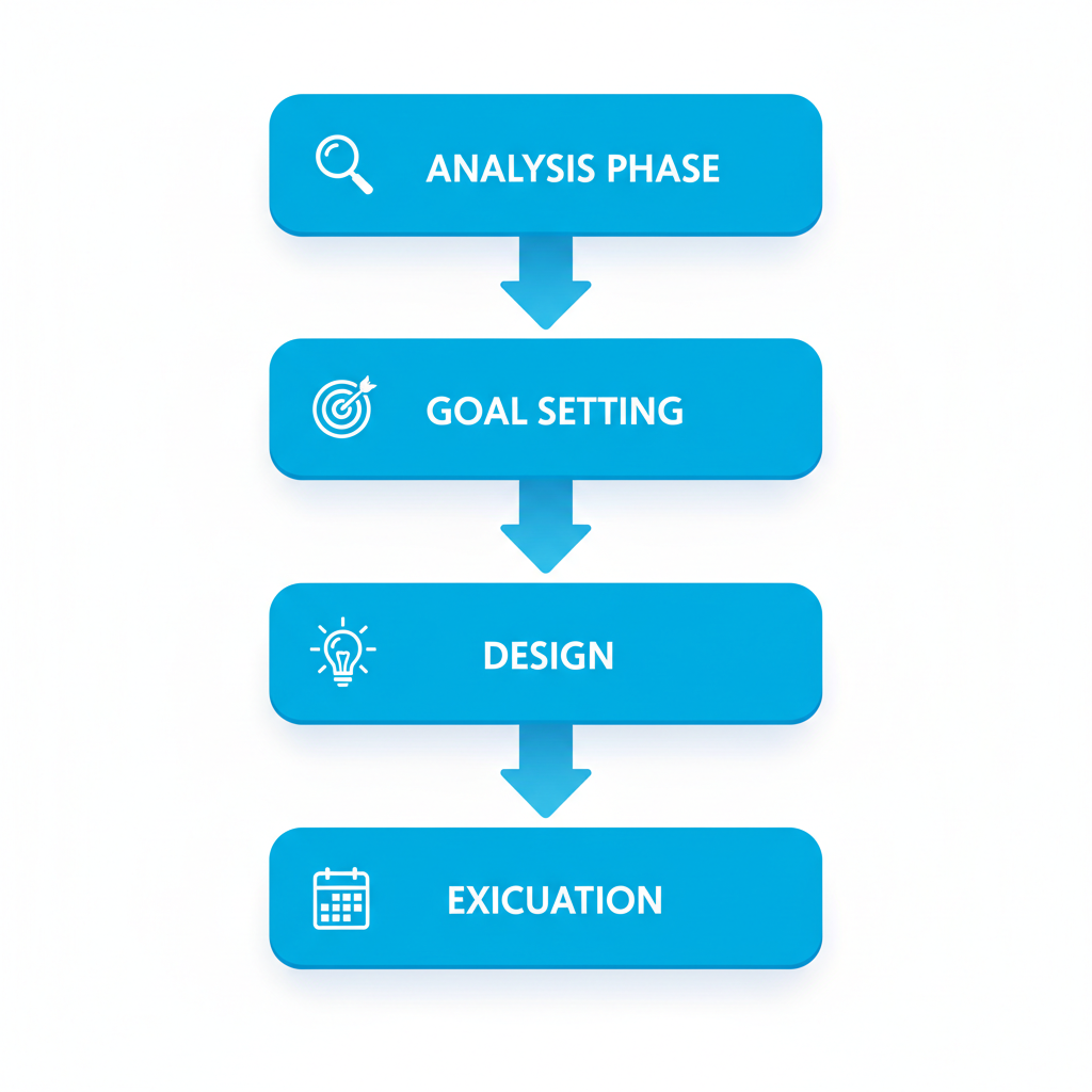 Vertical process flow illustrating five key phases of strategic event planning: analysis, goal setting, design, execution, and evaluation with icons and blue arrows.