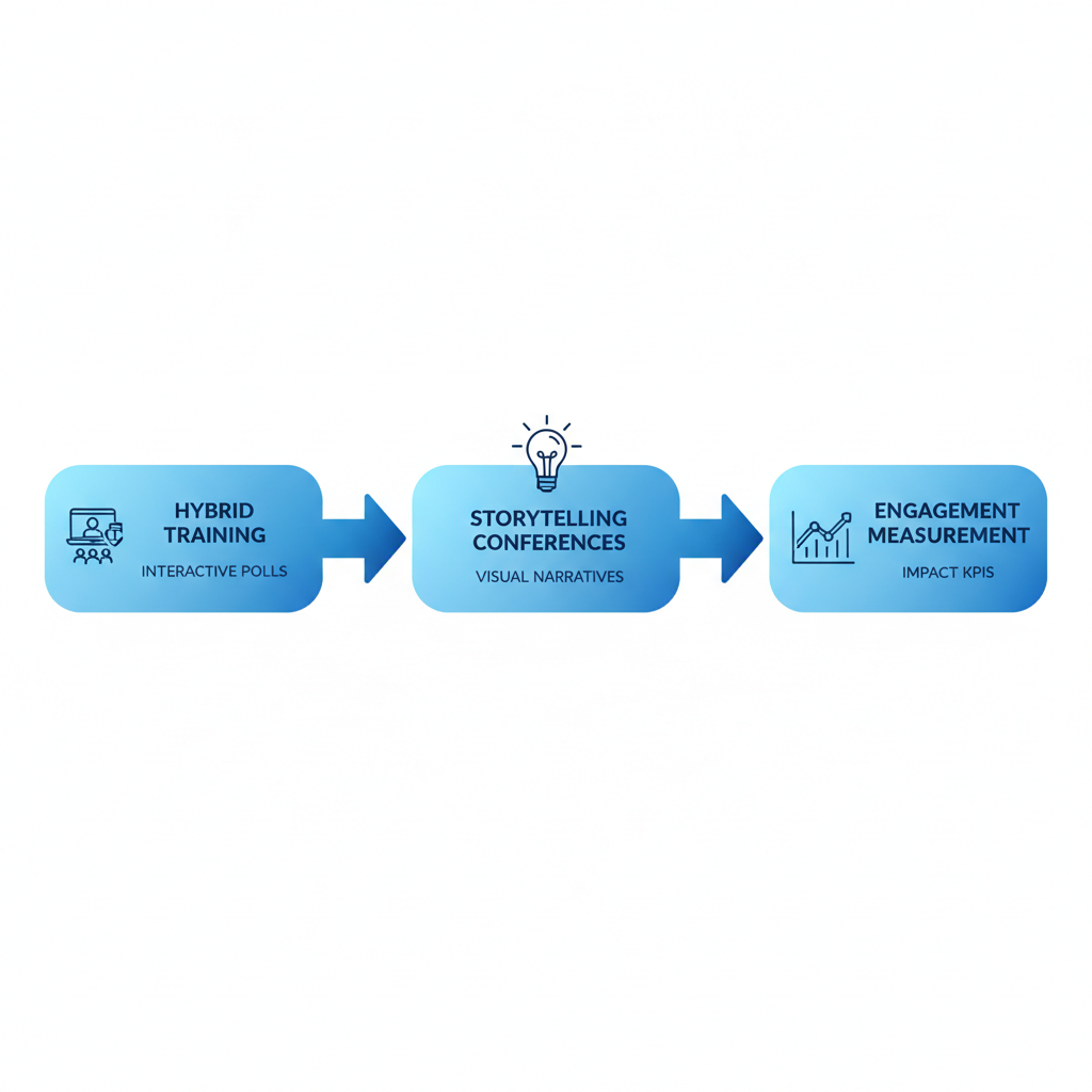 Horizontal process flow diagram illustrating three key leadership communication strategies: hybrid training sessions, storytelling in conferences, and measuring engagement with icons and brief labels.