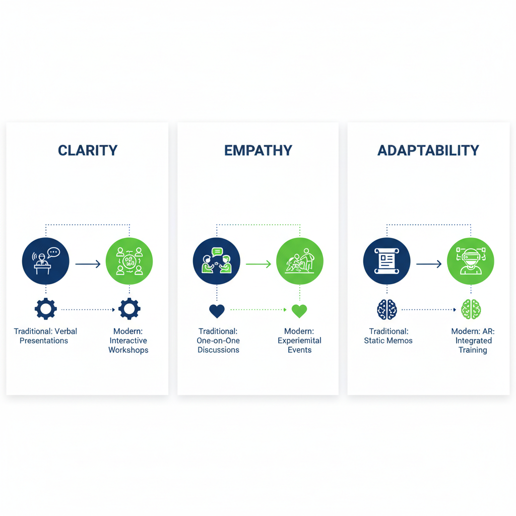 Infographic comparing traditional and modern leadership communication principles with icons and color-coded panels