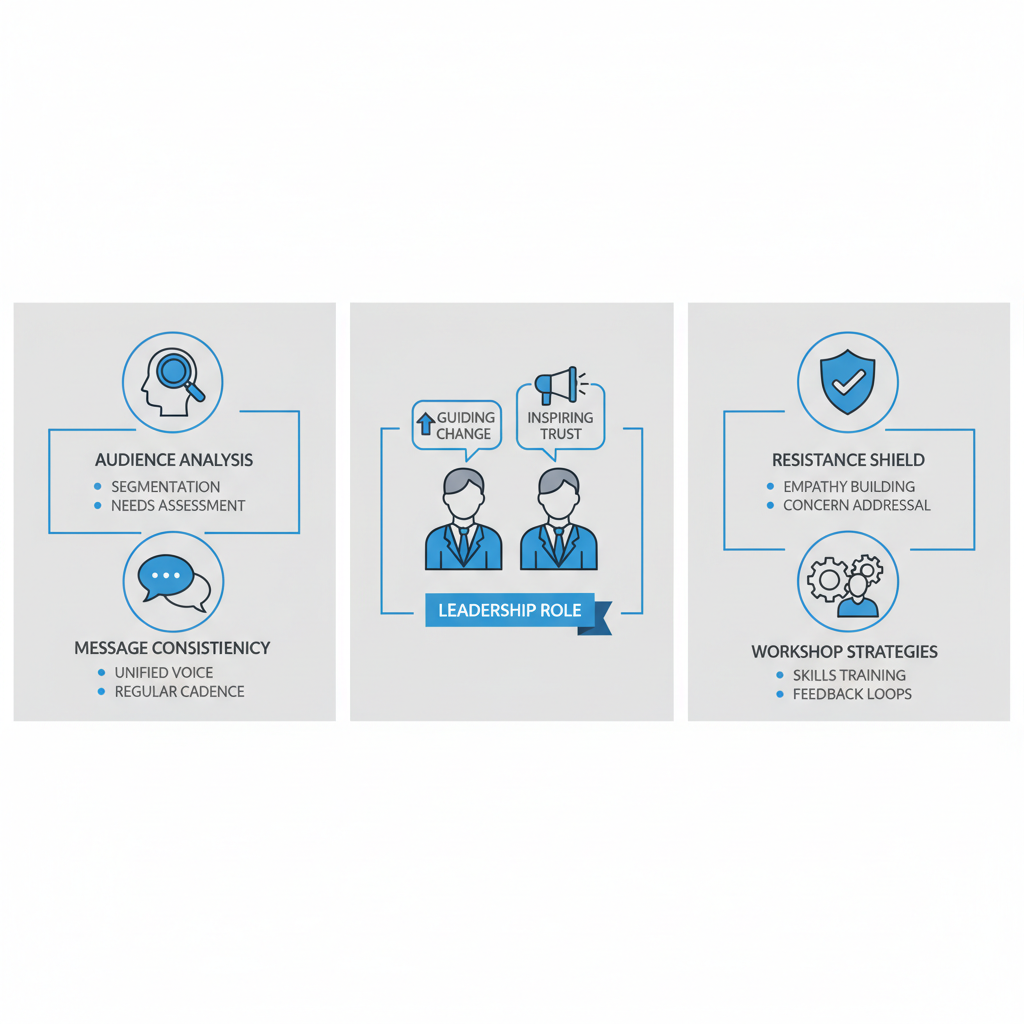 Infographic showing three core components of change communication: audience analysis, leadership role, and resistance strategies in a corporate environment.